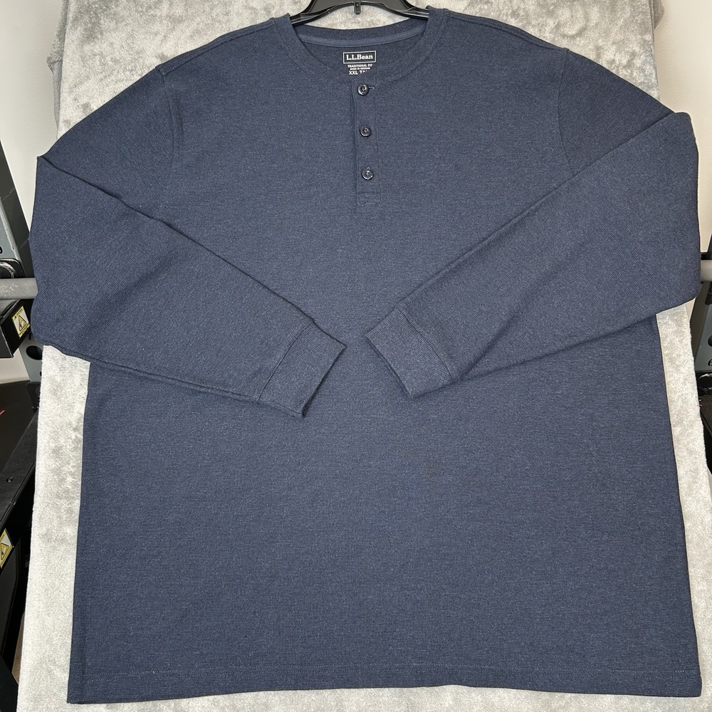LL Bean Men's Navy Waffle Thermal Henley Shirt Traditional Fit Cotton 2XL Tall